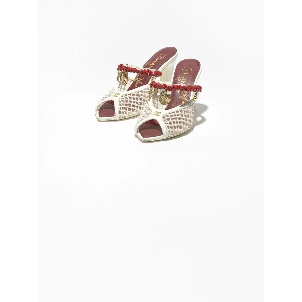 NEW Chanel 26M Coco Beach Mules Ivory Mesh/Cotton/Lambskin/Resin/Metal 36.5 - Picture 4 of 9